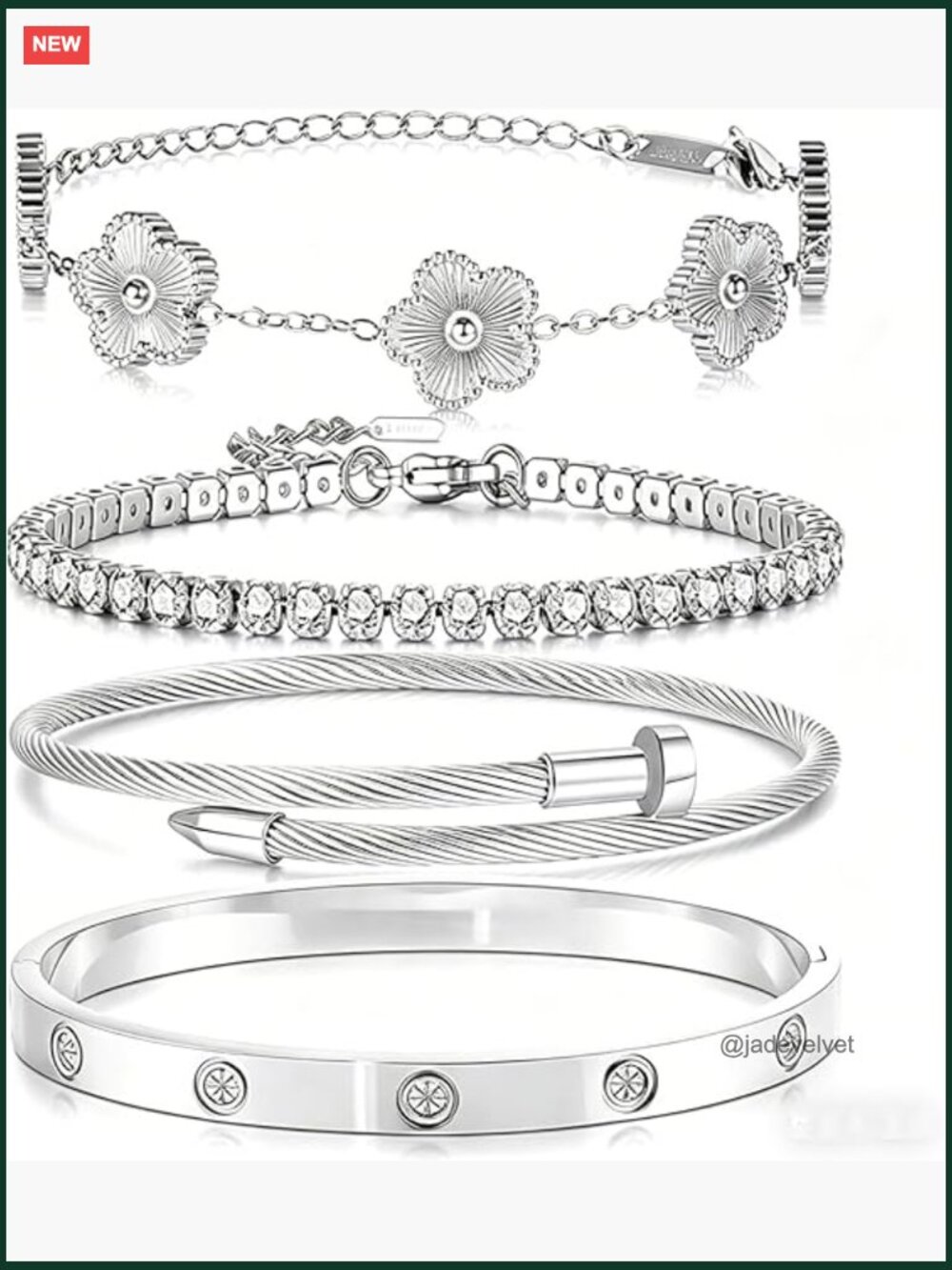 Stackable Floral Clover Bangle Bracelets Set 4-Piece Non Tarnish